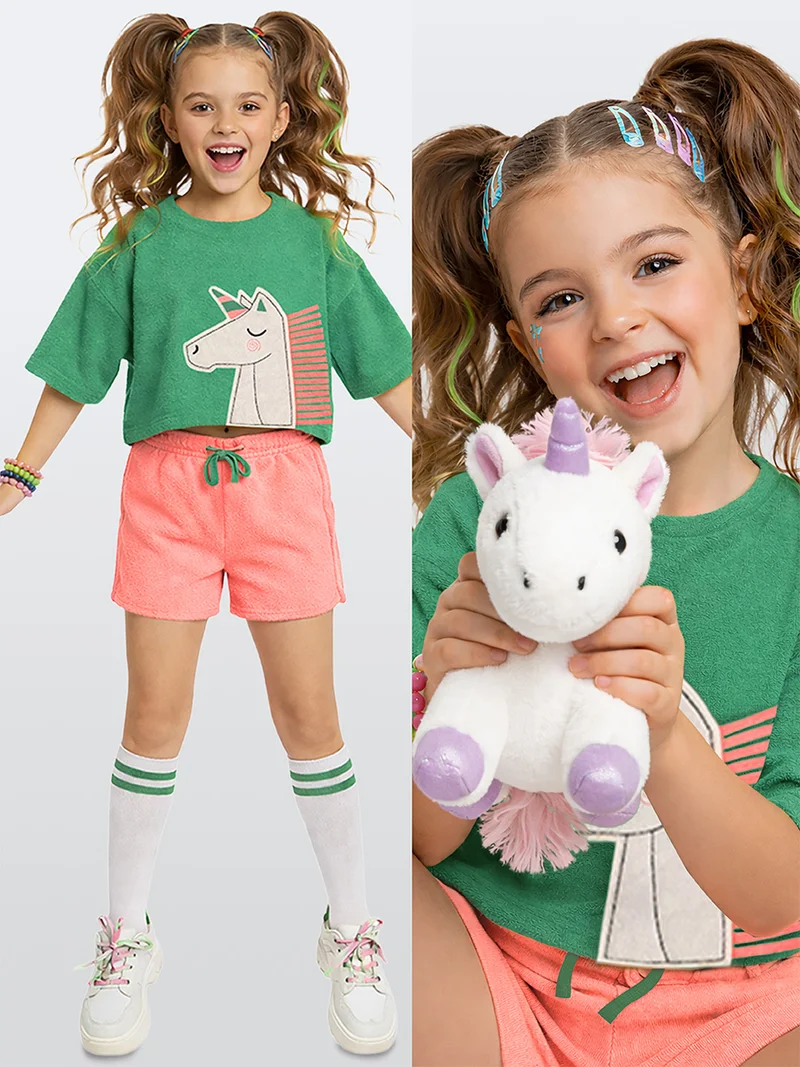 دينوكيدس Girls’ Two-Piece Set Terry Cloth T-shirt&Shorts Unicorn